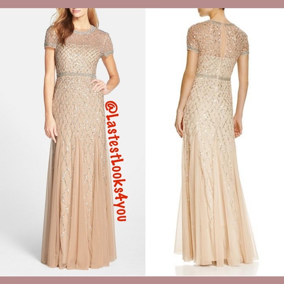 New Adrianna Papell beaded short sleeve mesh gown - Picture 5 of 15